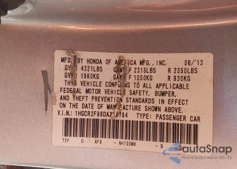 2013 Honda Accord Ex-L from USA, damaged, VIN 1HGCR2F86DA218764